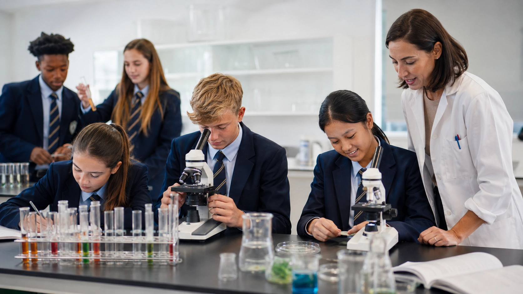 Aurevia students using microscopes and laboratory equipment with their science teacher