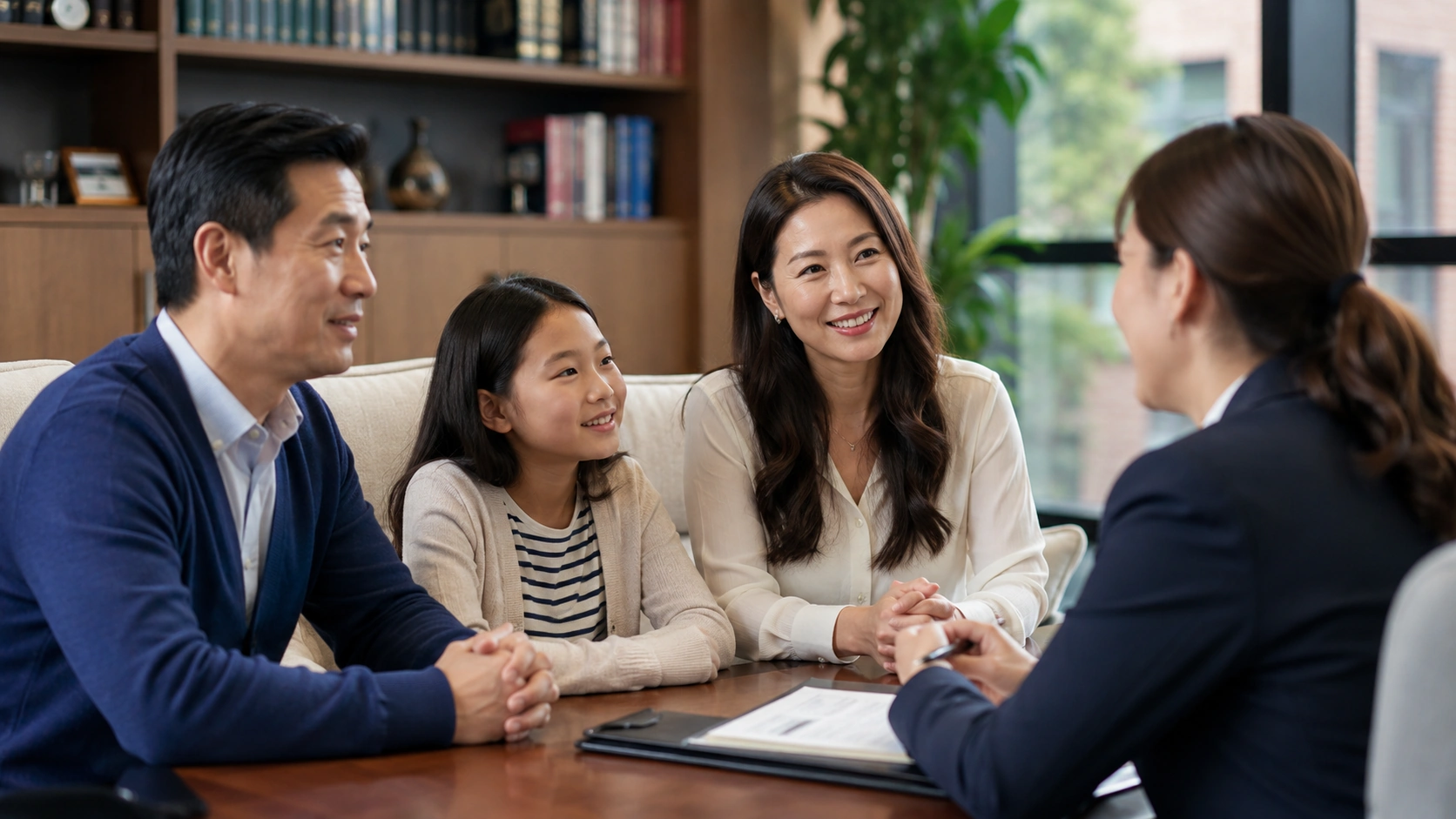 Family speaking with an Aurevia admissions advisor in a welcoming meeting room