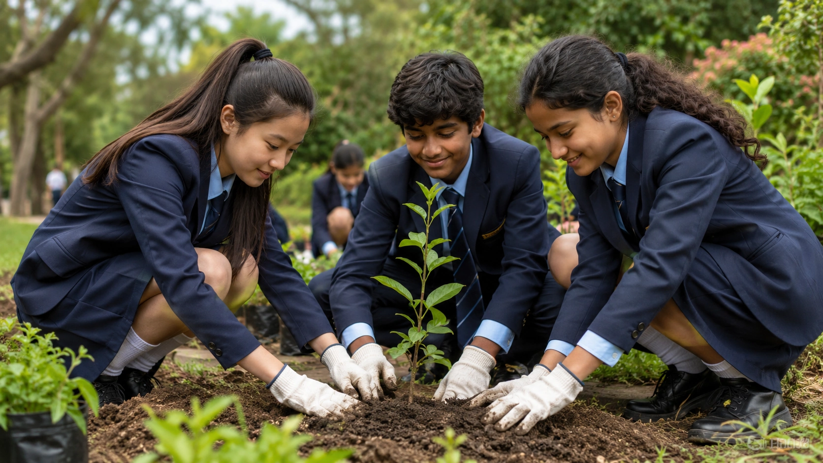 Aurevia students planting a young tree during a community service project