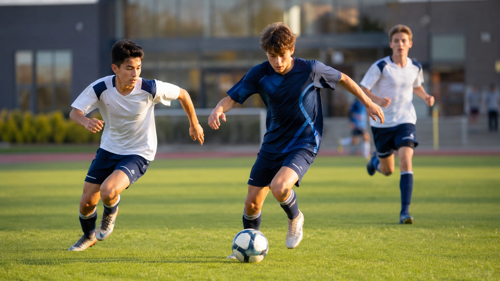 Aurevia students playing competitive football on the school field