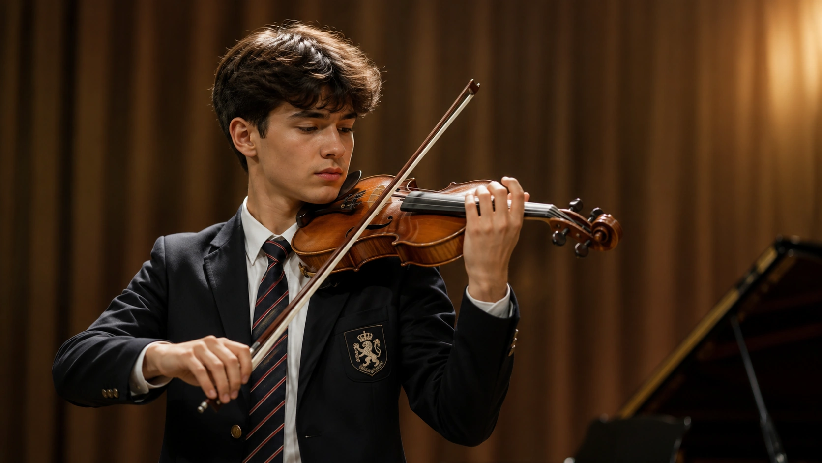 Aurevia student performing violin in the school recital hall