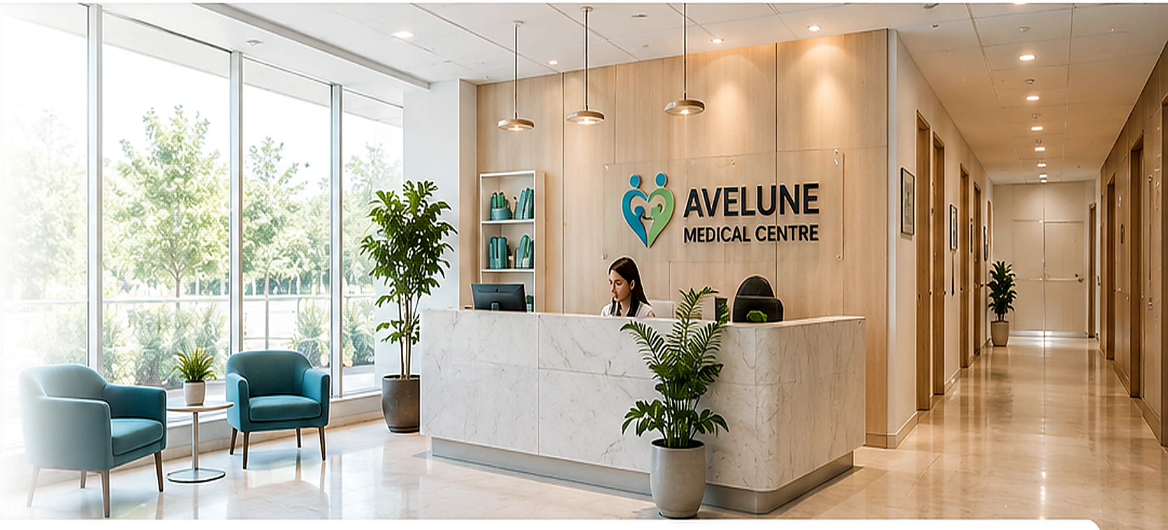 Bright reception and patient lounge at Avelune Medical Centre