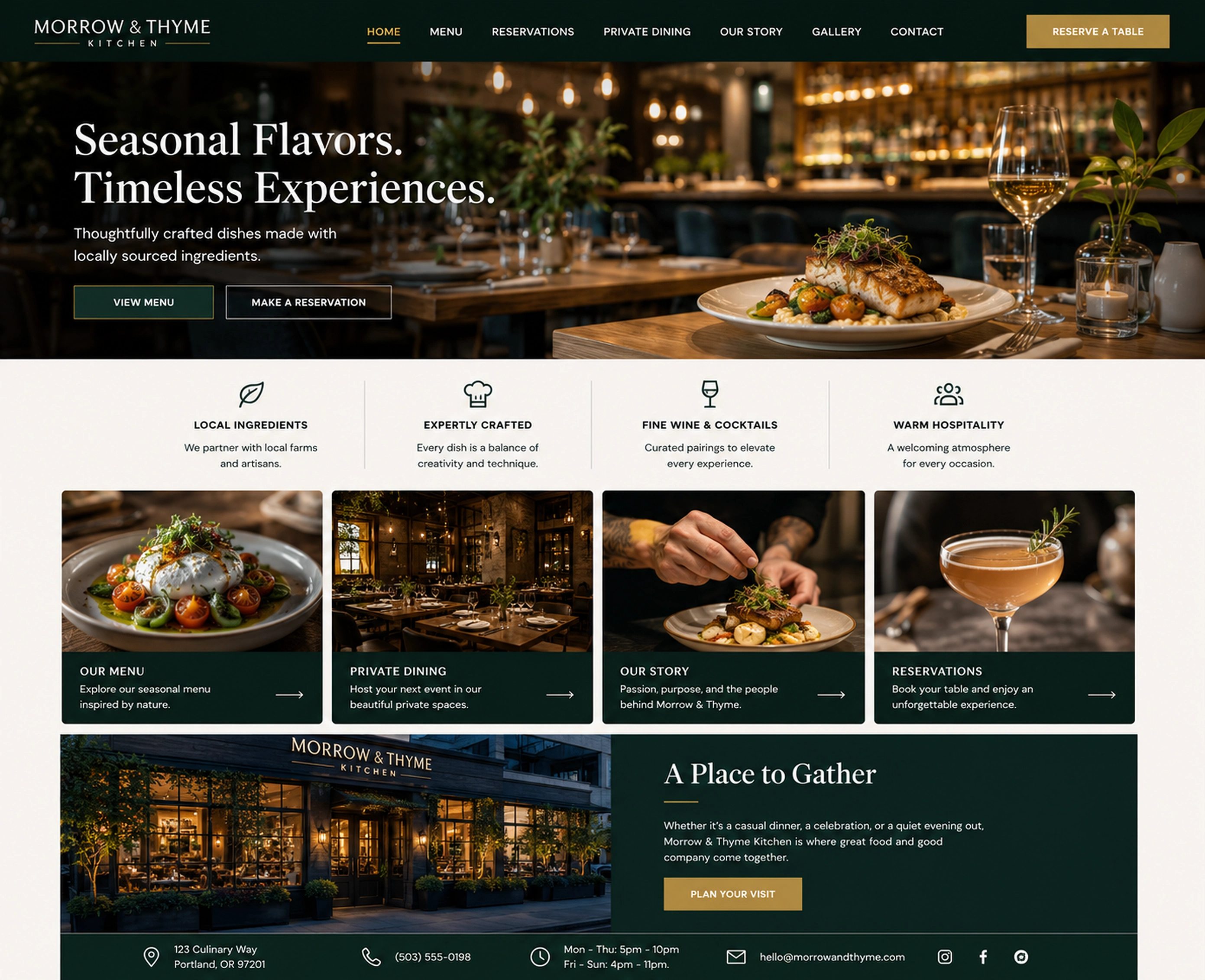 Morrow and Thyme Kitchen restaurant homepage with seasonal dining hero, hospitality strengths, menu, private dining, chef story, reservations and visit information
