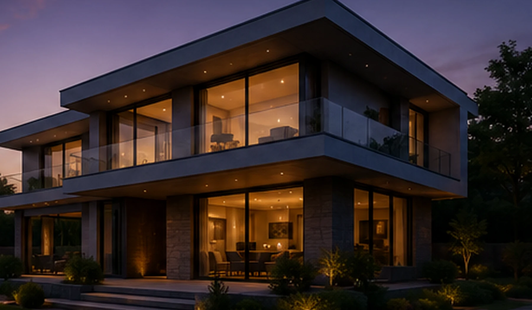 Contemporary residence illuminated at dusk